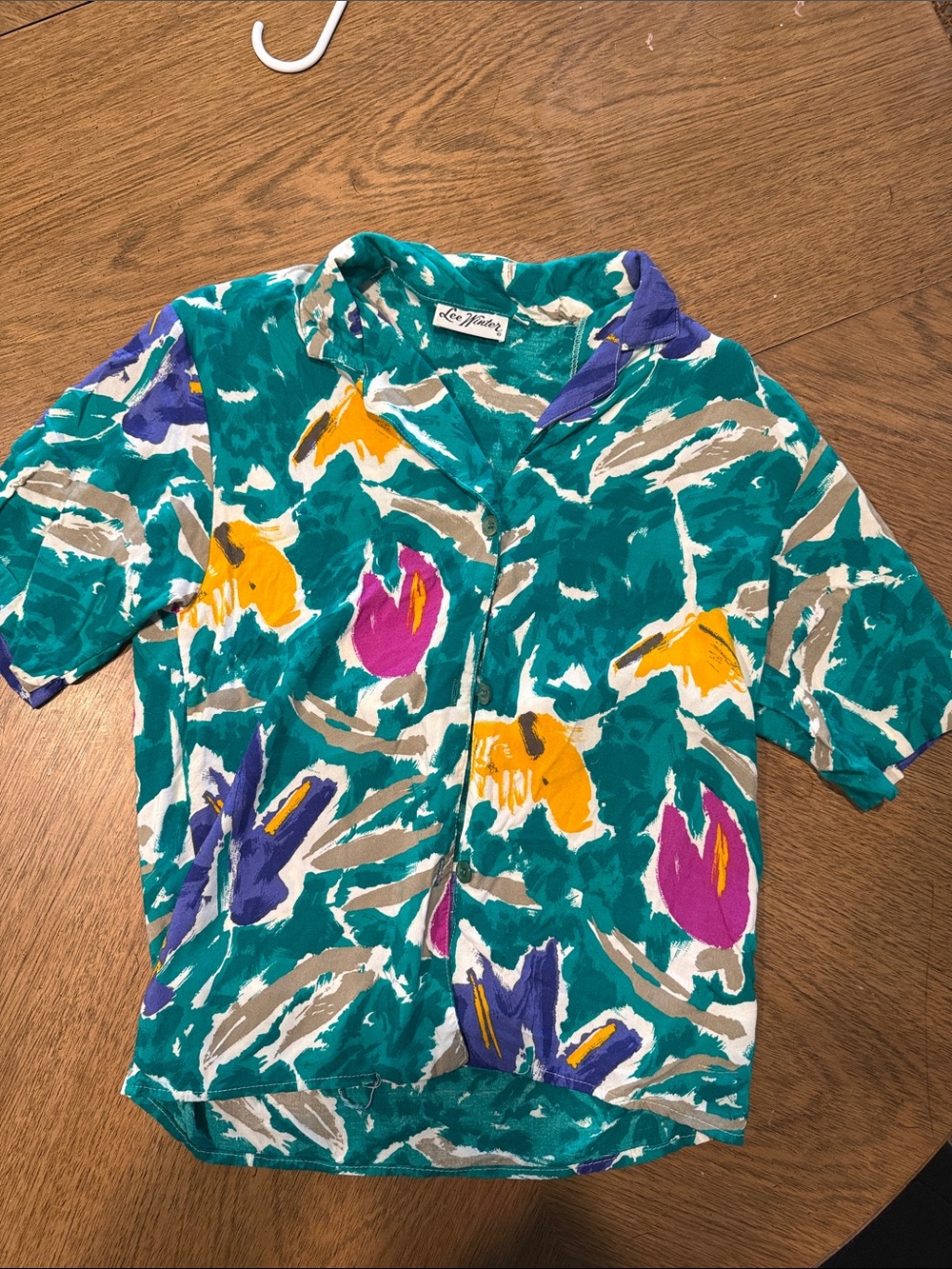 Vintage Lee Wards Abstract Floral Button Up Camp Collar Blouse Retro 90s